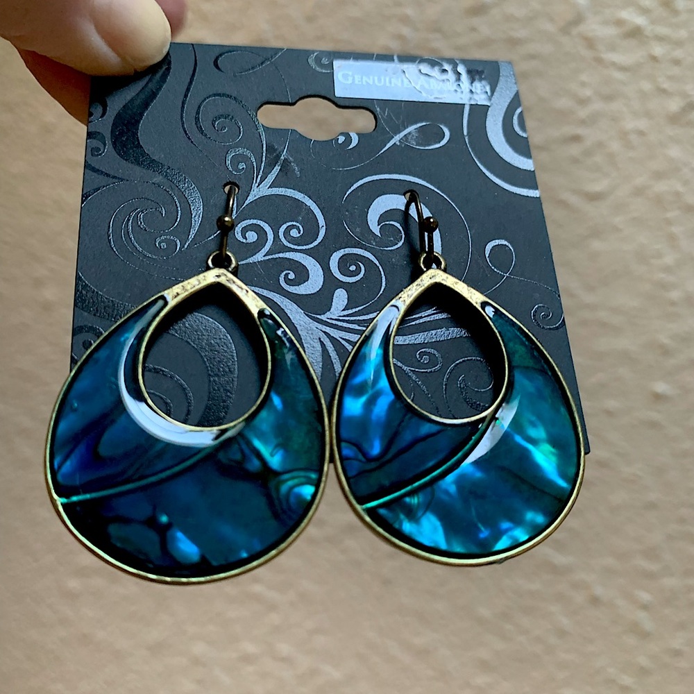 Vintage Genuine Abalone large Dangling blue green brushed brass shiny earrings - Picture 14 of 14